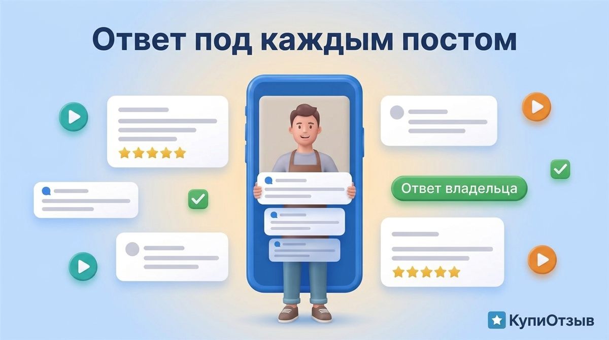 Владелец кафе смотрит на смартфоне комментарии клиентов под постами