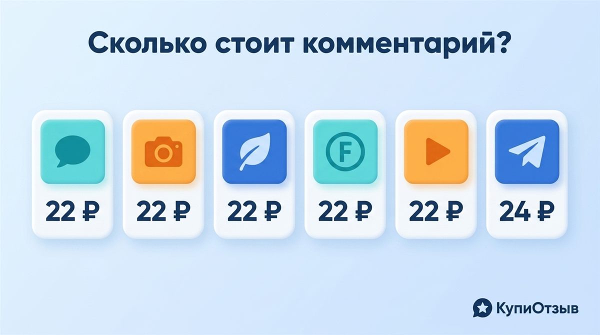 Ряд карточек с ценами на комментарии для шести соцсетей