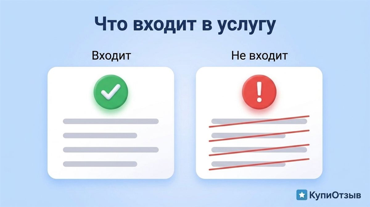 Две карточки: что входит и что не входит в услугу комментариев и лайков