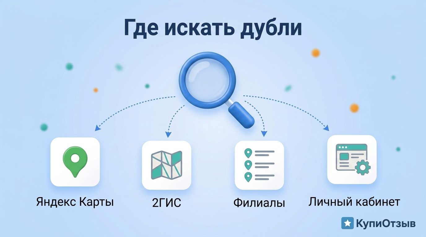 Как найти дубль карточки: лупа и четыре места поиска, Яндекс Карты, 2ГИС, раздел Филиалы и Личный кабинет