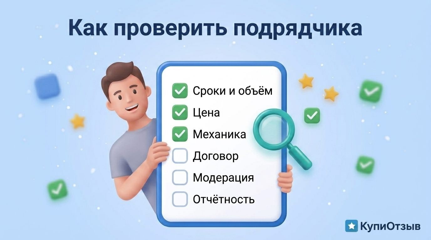 Чек-лист из шести пунктов на планшете для проверки подрядчика по отзывам
