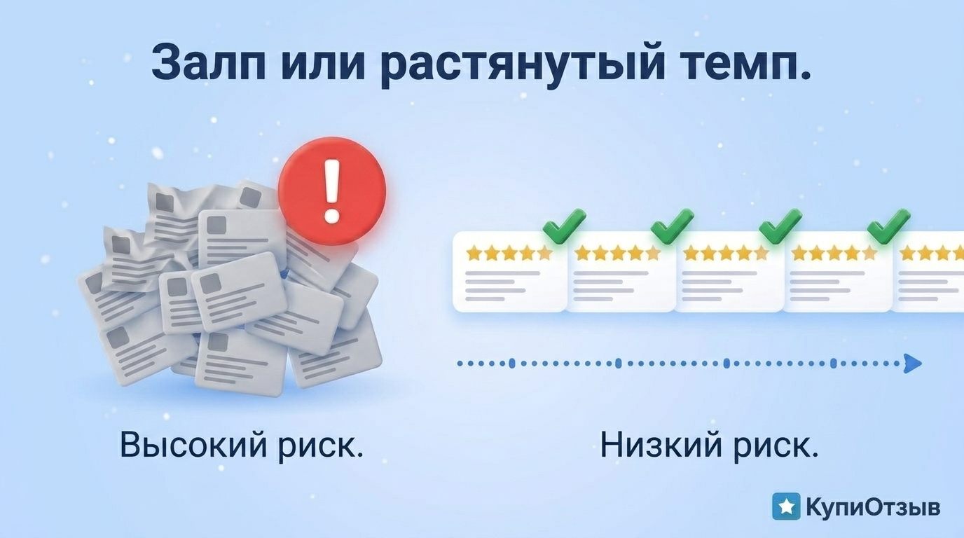 Сравнение залповой группы одинаковых карточек и растянутой по времени цепочки отзывов