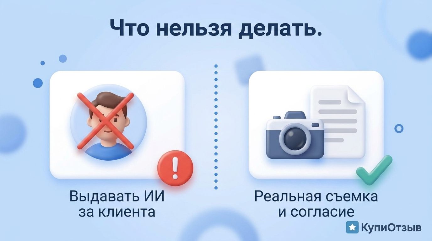 Нельзя выдавать сгенерированного ИИ человека за реального клиента, нужна реальная съёмка и согласие