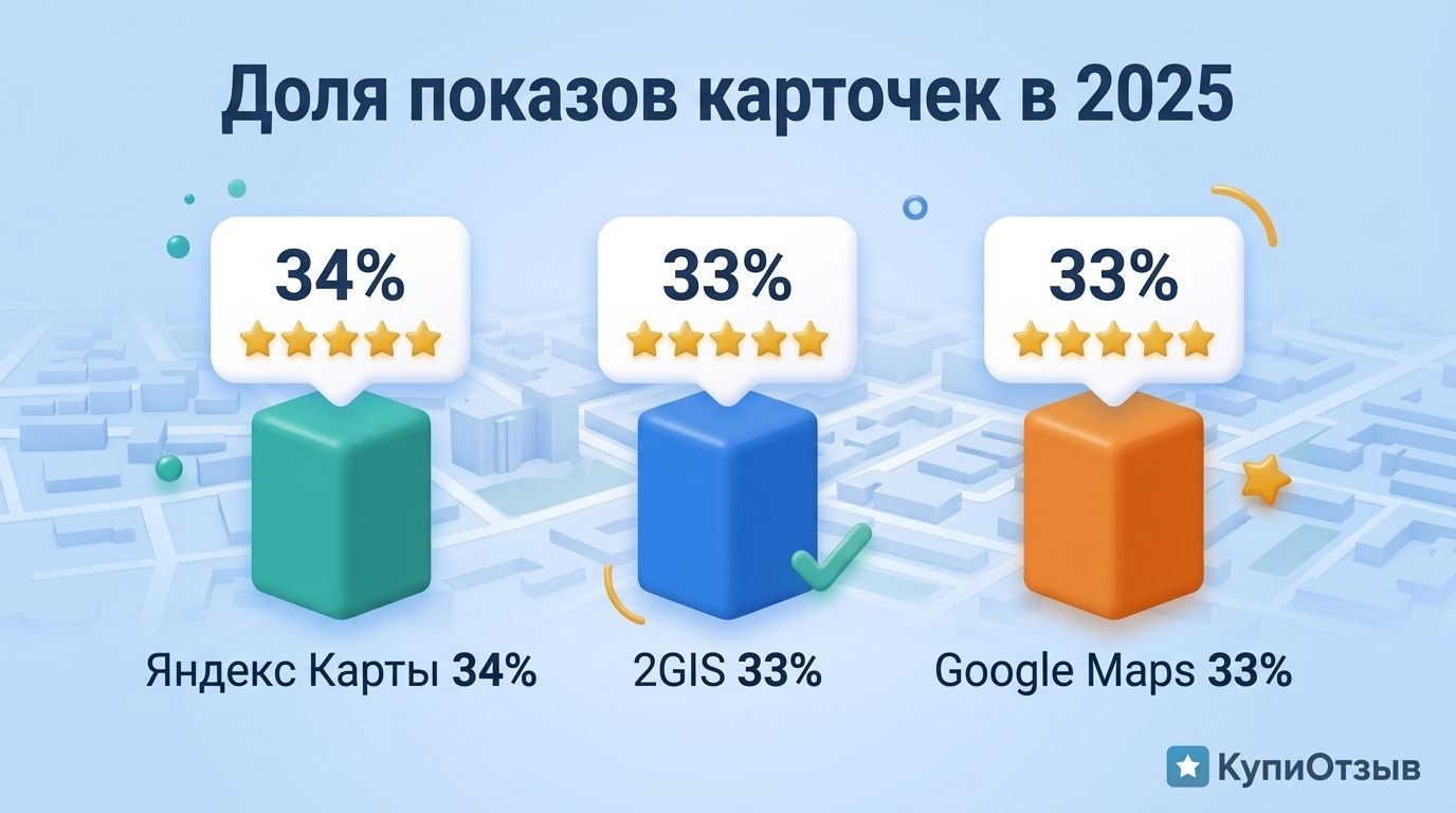 Столбчатая диаграмма доли показов карточек бизнеса на Яндекс Картах, 2ГИС и Google Картах в 2025 году