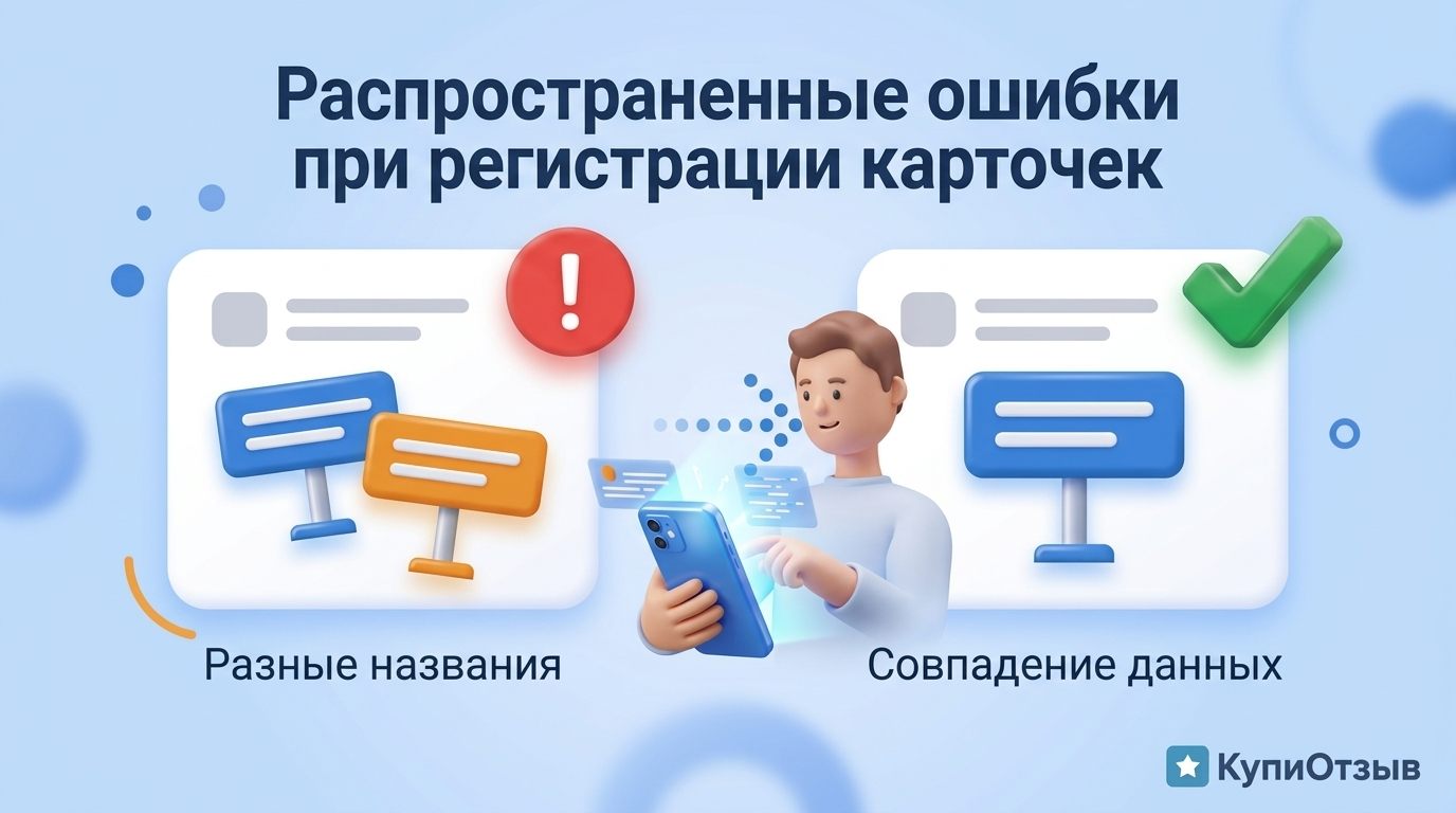 Иллюстрация типичной ошибки регистрации: несовпадающие названия компании на вывеске и в карточке против сверенных данных