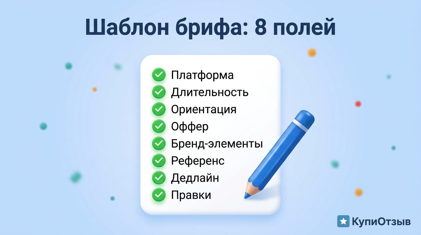 Карточка-чек-лист с восемью полями шаблона брифа для ИИ-видео