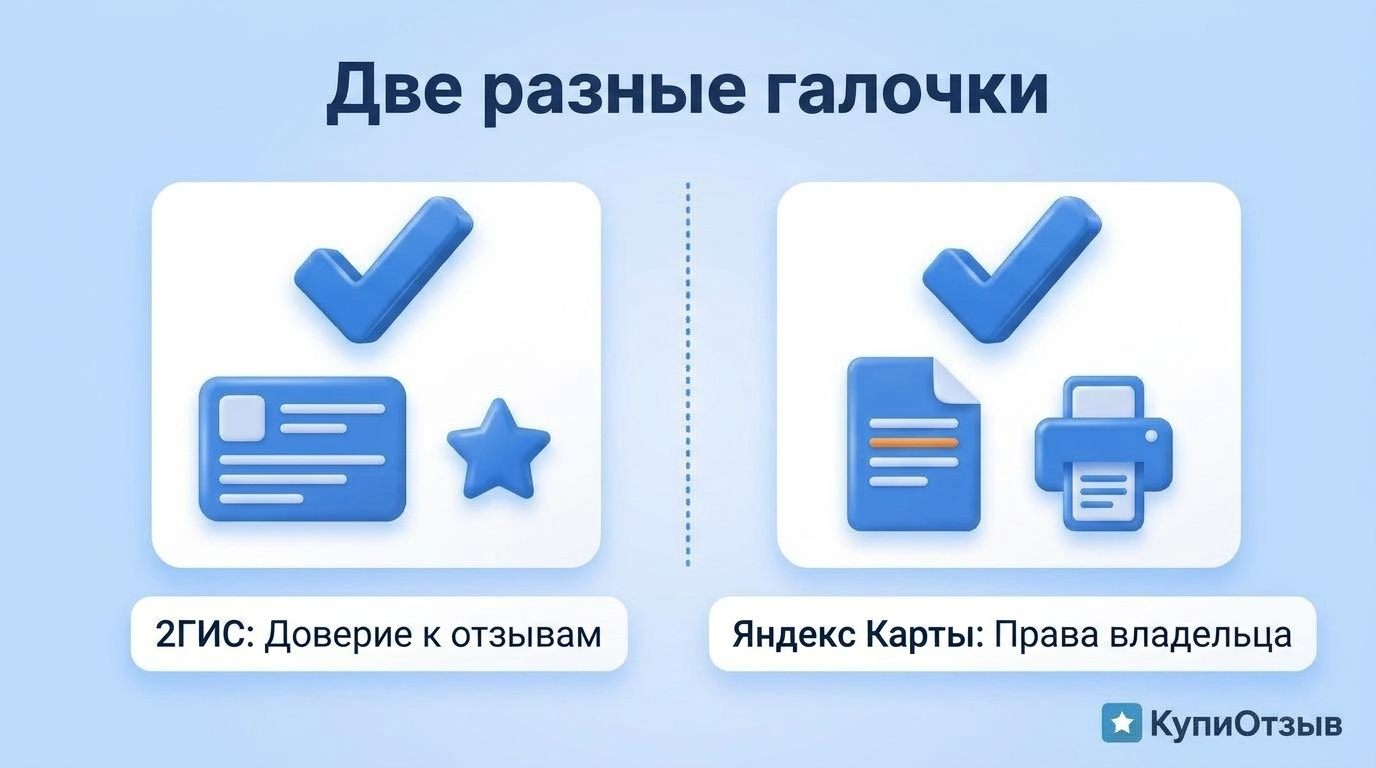 Две карточки сравнения - синяя галочка 2ГИС про доверие к отзывам и знак Яндекс Карт про права владельца